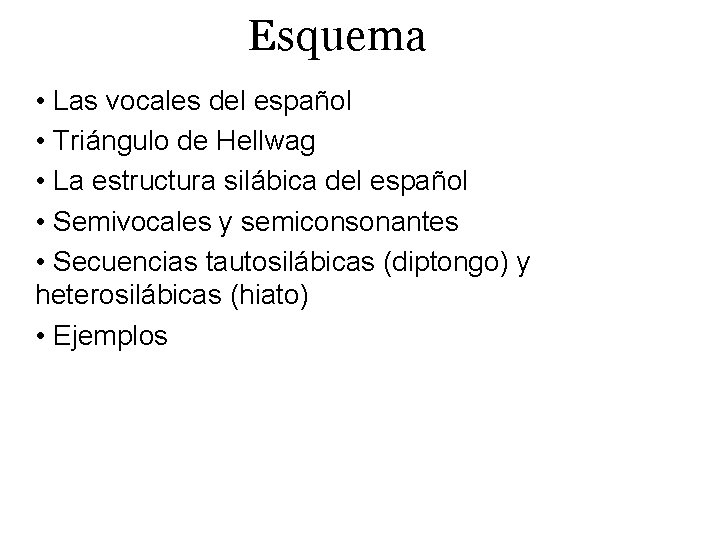 Esquema • Las vocales del español • Triángulo de Hellwag • La estructura silábica