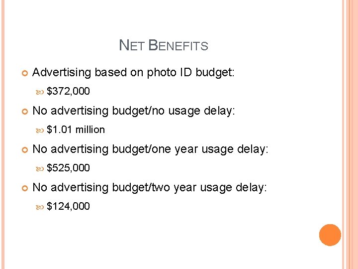 NET BENEFITS Advertising based on photo ID budget: $372, 000 No advertising budget/no usage