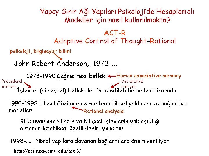 Yapay Sinir Ağı Yapıları Psikoloji’de Hesaplamalı Modeller için nasıl kullanılmakta? ACT-R Adaptive Control of