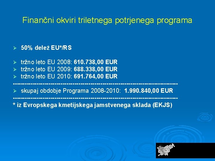 Finančni okviri triletnega potrjenega programa Ø 50% delež EU*/RS tržno leto EU 2008: 610.