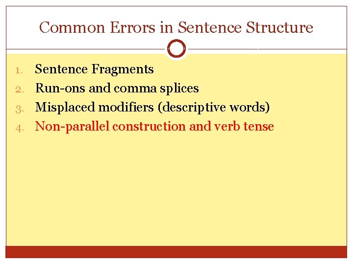 Common Errors in Sentence Structure Sentence Fragments 2. Run-ons and comma splices 3. Misplaced
