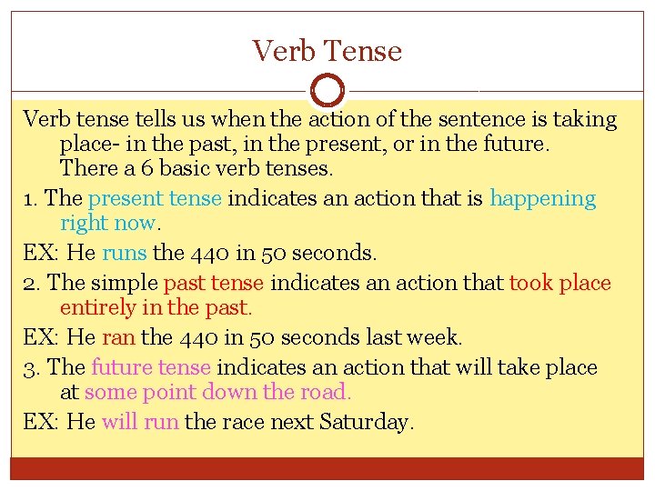 Verb Tense Verb tense tells us when the action of the sentence is taking