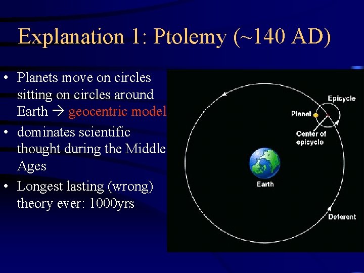 Explanation 1: Ptolemy (~140 AD) • Planets move on circles sitting on circles around