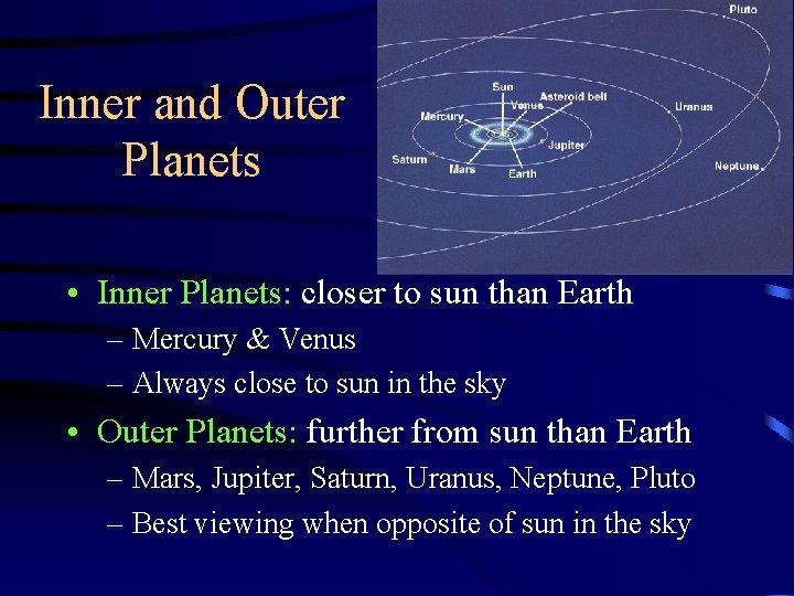 Inner and Outer Planets • Inner Planets: closer to sun than Earth – Mercury