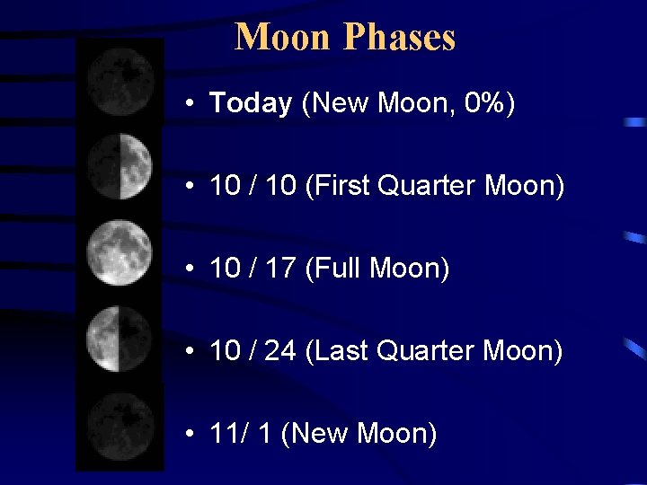 Moon Phases • Today (New Moon, 0%) • 10 / 10 (First Quarter Moon)