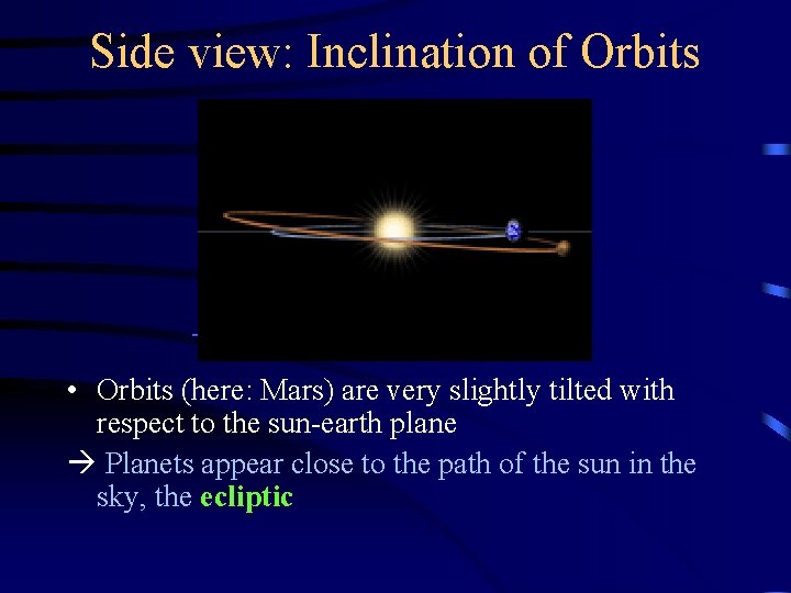 Side view: Inclination of Orbits • Orbits (here: Mars) are very slightly tilted with