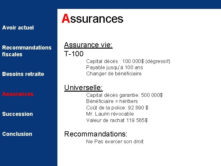 Avoir actuel Recommandations fiscales Besoins retraite Assurances Succession Conclusion Assurances Assurance vie: T-100 Capital