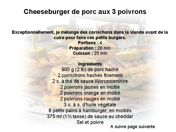 Cheeseburger de porc aux 3 poivrons Exceptionnellement, je mélange des cornichons dans la viande