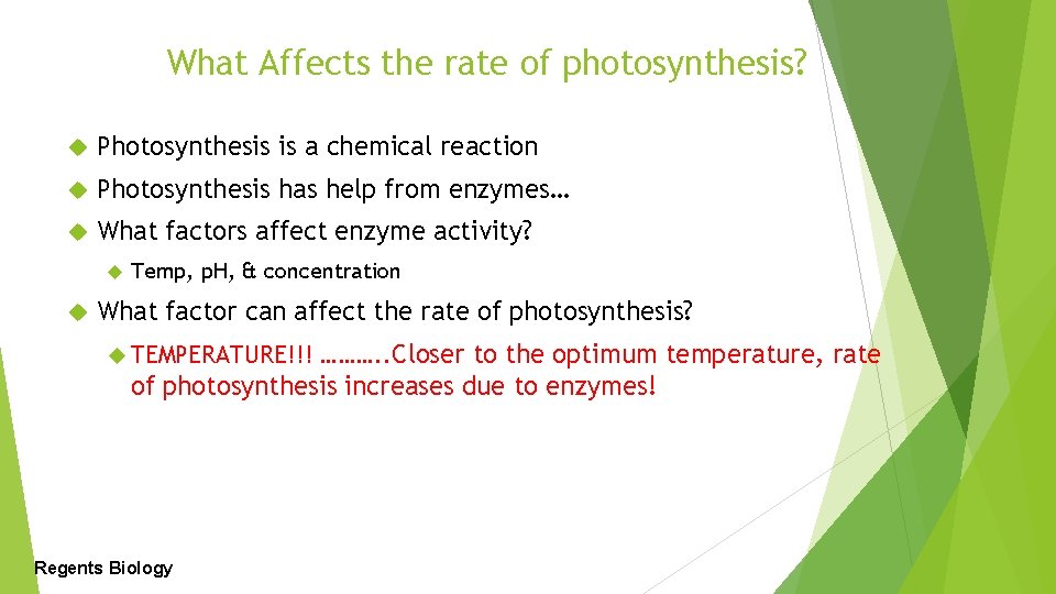 What Affects the rate of photosynthesis? Photosynthesis is a chemical reaction Photosynthesis has help