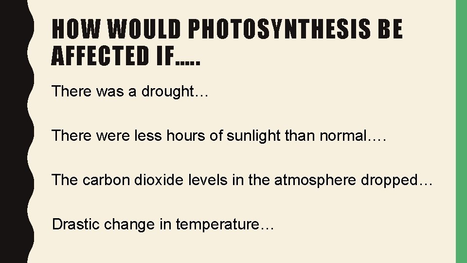 HOW WOULD PHOTOSYNTHESIS BE AFFECTED IF…. . There was a drought… There were less