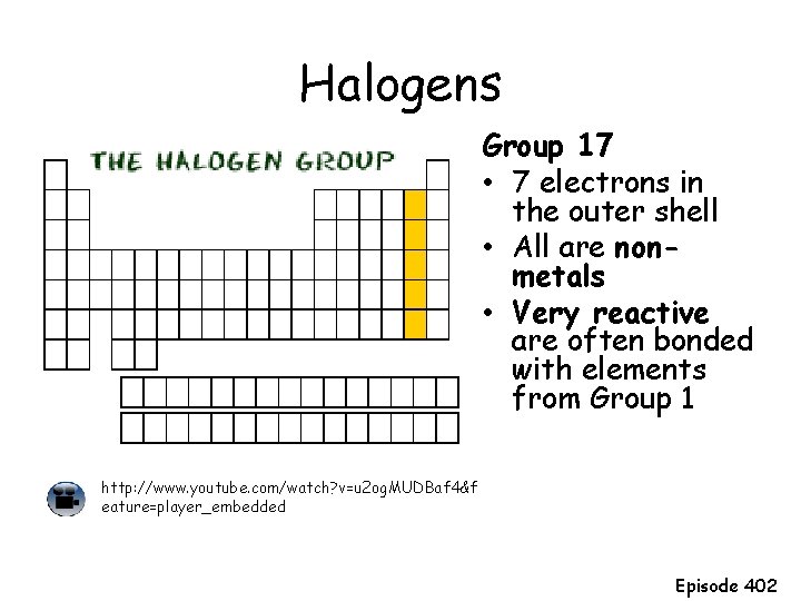 Halogens Group 17 • 7 electrons in the outer shell • All are nonmetals