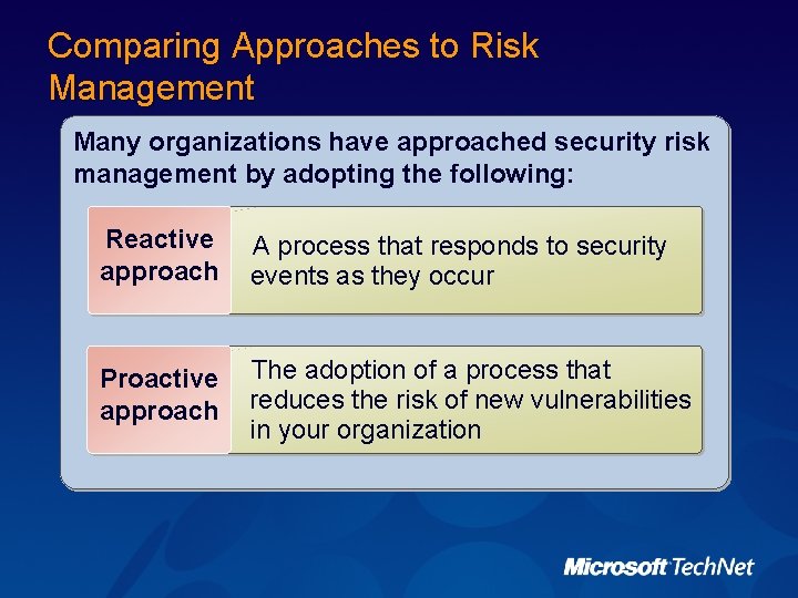 Comparing Approaches to Risk Management Many organizations have approached security risk management by adopting