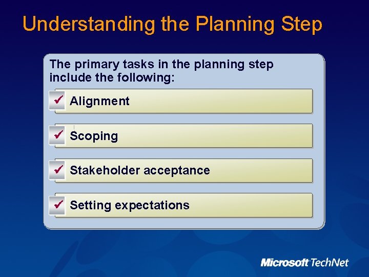 Understanding the Planning Step The primary tasks in the planning step include the following: