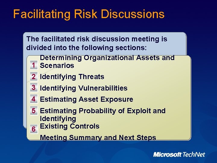 Facilitating Risk Discussions The facilitated risk discussion meeting is divided into the following sections: