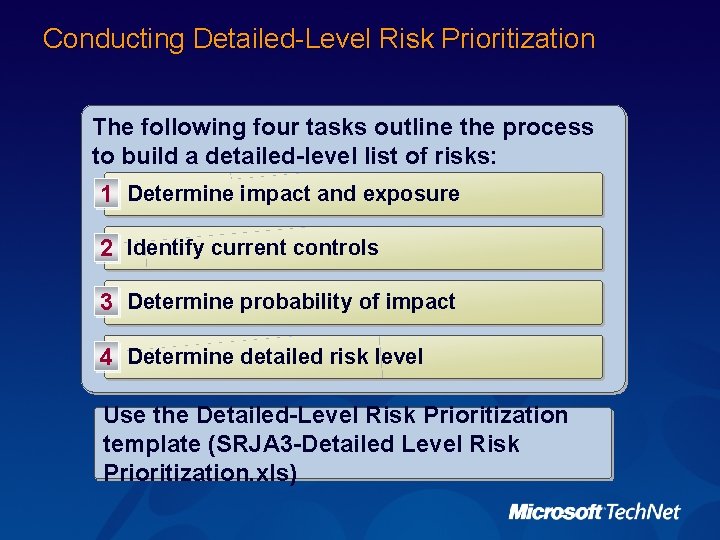 Conducting Detailed-Level Risk Prioritization The following four tasks outline the process to build a