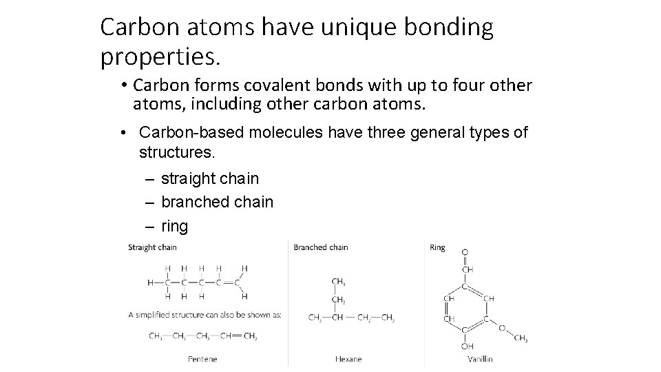 Carbon atoms have unique bonding properties. • Carbon forms covalent bonds with up to