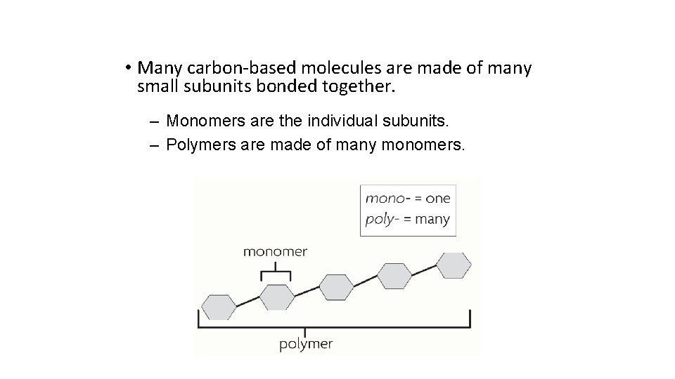  • Many carbon-based molecules are made of many small subunits bonded together. –