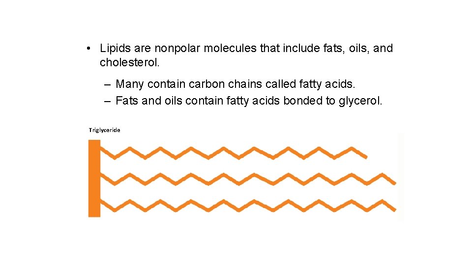  • Lipids are nonpolar molecules that include fats, oils, and cholesterol. – Many