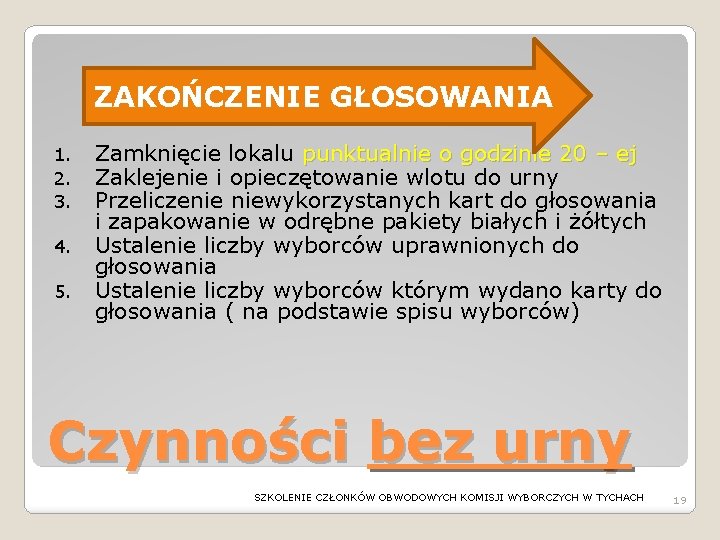 ZAKOŃCZENIE GŁOSOWANIA 1. 2. 3. 4. 5. Zamknięcie lokalu punktualnie o godzinie 20 –