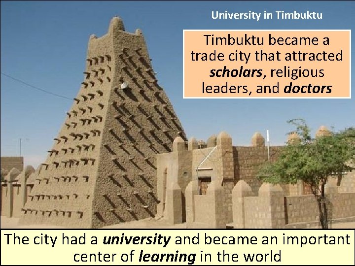 University in Timbuktu became a trade city that attracted scholars, religious leaders, and doctors University in Timbuktu became a trade city that attracted scholars, religious leaders, and doctors