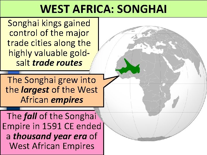 WEST AFRICA: SONGHAI Songhai kings gained control of the major trade cities along the WEST AFRICA: SONGHAI Songhai kings gained control of the major trade cities along the