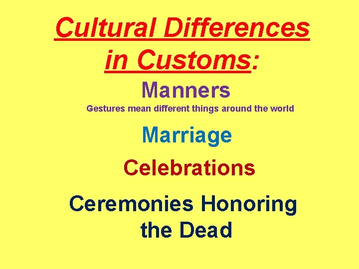 Cultural Differences in Customs: Manners Gestures mean different things around the world Marriage Celebrations