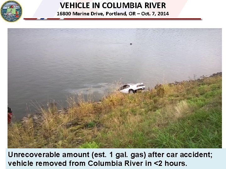 VEHICLE IN COLUMBIA RIVER 16800 Marine Drive, Portland, OR – Oct. 7, 2014 Unrecoverable