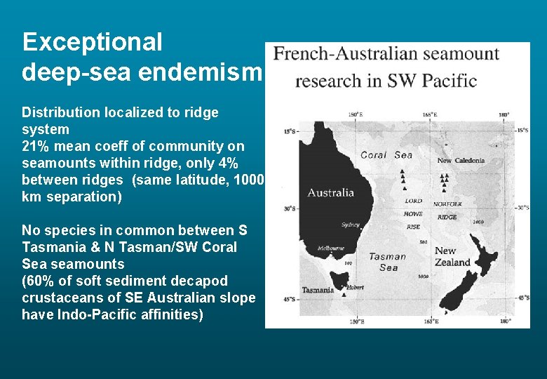 Exceptional deep-sea endemism Distribution localized to ridge system 21% mean coeff of community on