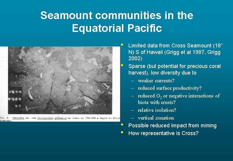 Seamount communities in the Equatorial Pacific • • Limited data from Cross Seamount (18°