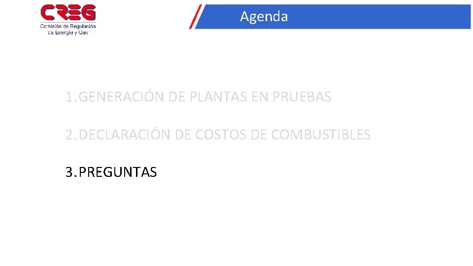 Agenda 1. GENERACIÓN DE PLANTAS EN PRUEBAS 2. DECLARACIÓN DE COSTOS DE COMBUSTIBLES 3.