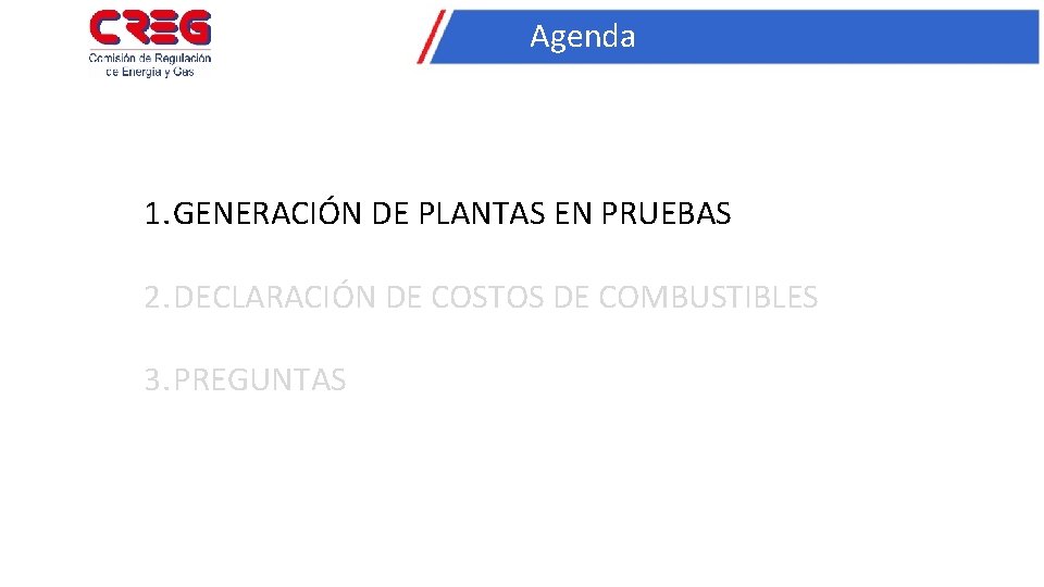 Agenda 1. GENERACIÓN DE PLANTAS EN PRUEBAS 2. DECLARACIÓN DE COSTOS DE COMBUSTIBLES 3.