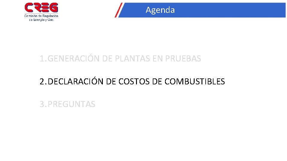 Agenda 1. GENERACIÓN DE PLANTAS EN PRUEBAS 2. DECLARACIÓN DE COSTOS DE COMBUSTIBLES 3.