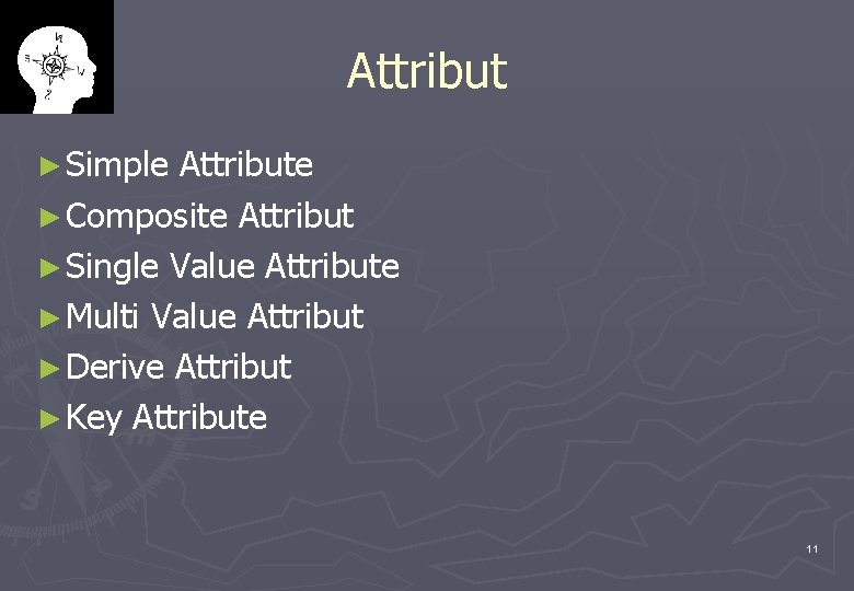 Attribut ► Simple Attribute ► Composite Attribut ► Single Value Attribute ► Multi Value