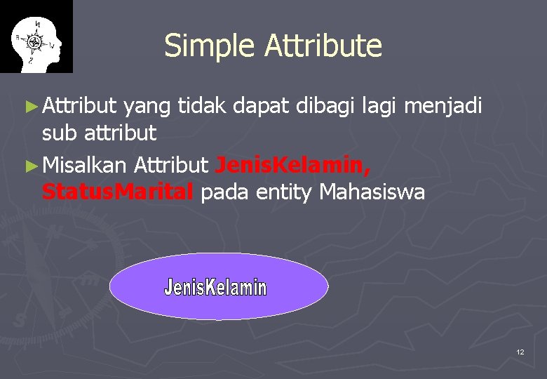 Simple Attribute ► Attribut yang tidak dapat dibagi lagi menjadi sub attribut ► Misalkan