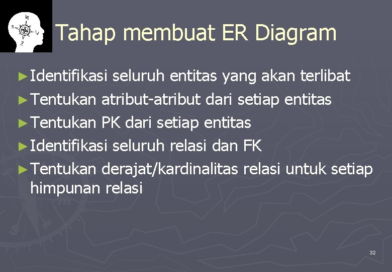 Tahap membuat ER Diagram ► Identifikasi seluruh entitas yang akan terlibat ► Tentukan atribut-atribut
