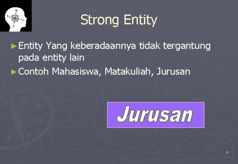 Strong Entity ► Entity Yang keberadaannya tidak tergantung pada entity lain ► Contoh Mahasiswa,