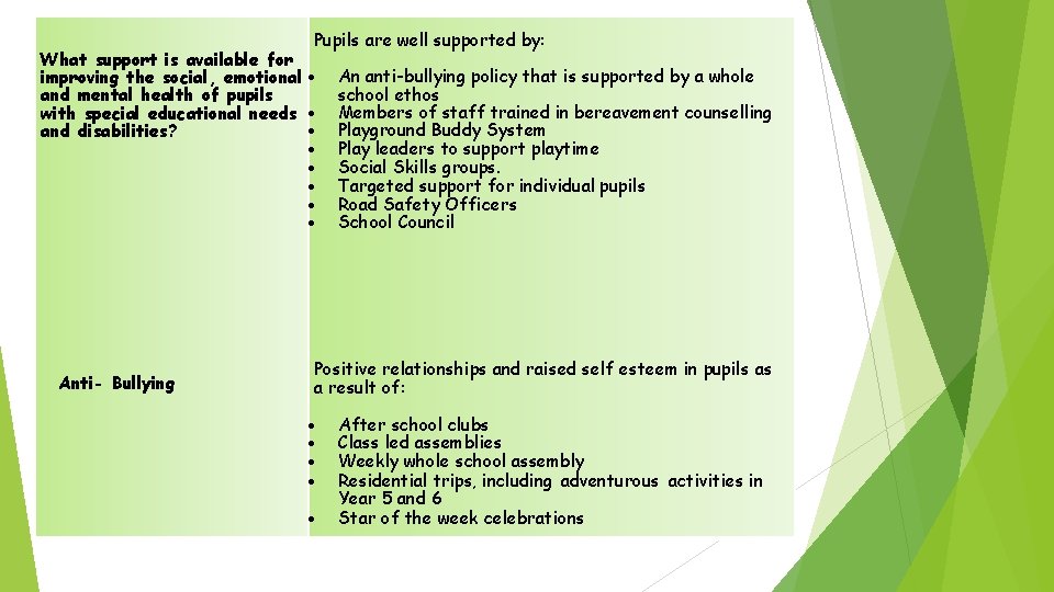 Pupils are well supported by: What support is available for improving the social, emotional