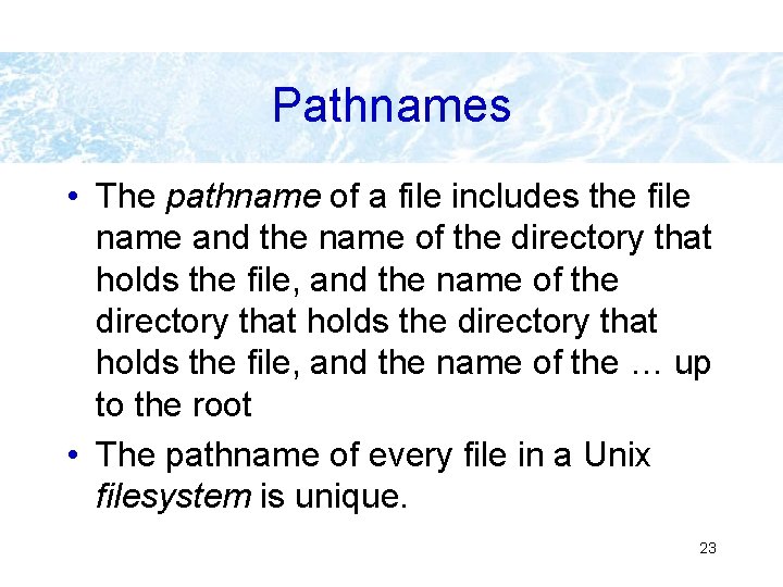 Pathnames • The pathname of a file includes the file name and the name Pathnames • The pathname of a file includes the file name and the name