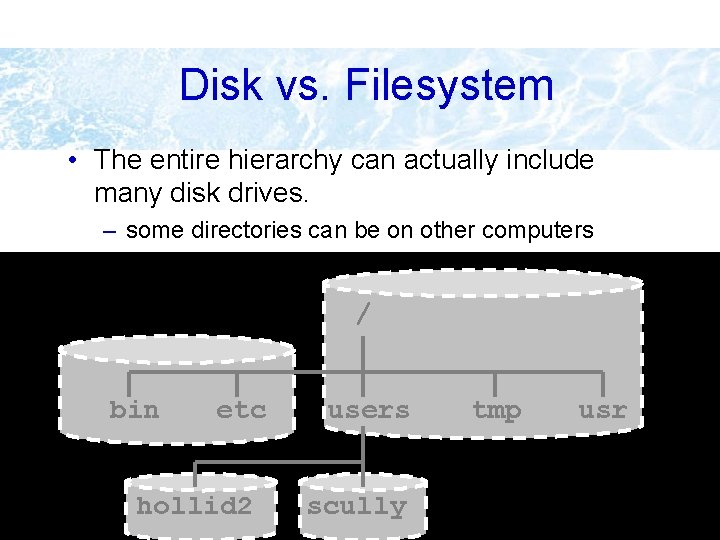 Disk vs. Filesystem • The entire hierarchy can actually include many disk drives. – Disk vs. Filesystem • The entire hierarchy can actually include many disk drives. –