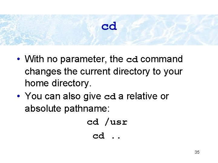 cd • With no parameter, the cd command changes the current directory to your cd • With no parameter, the cd command changes the current directory to your