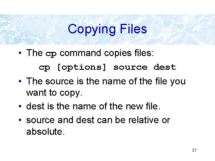Copying Files • The cp command copies files: cp [options] source dest • The