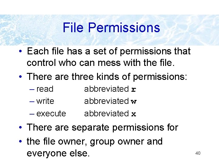 File Permissions • Each file has a set of permissions that control who can File Permissions • Each file has a set of permissions that control who can