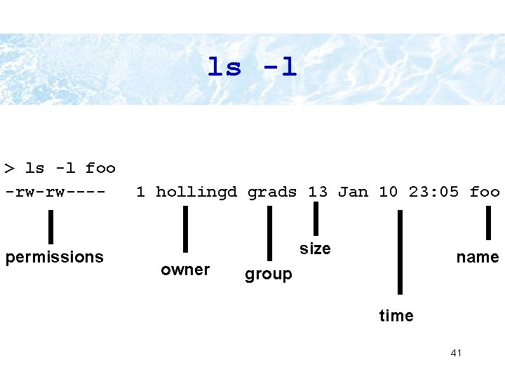 ls -l > ls -l foo -rw-rw---- permissions 1 hollingd grads 13 Jan 10 ls -l > ls -l foo -rw-rw---- permissions 1 hollingd grads 13 Jan 10