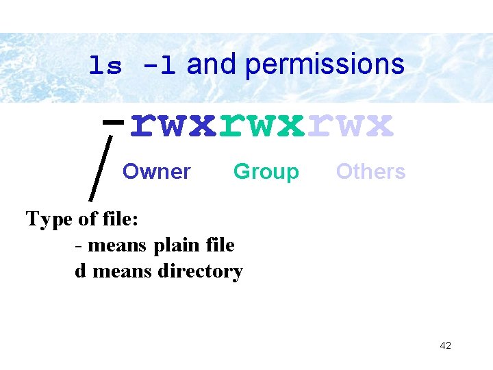 ls -l and permissions -rwxrwxrwx Owner Group Others Type of file: - means plain ls -l and permissions -rwxrwxrwx Owner Group Others Type of file: - means plain