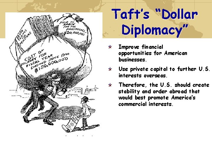 Taft’s “Dollar Diplomacy” Improve financial opportunities for American businesses. Use private capital to further