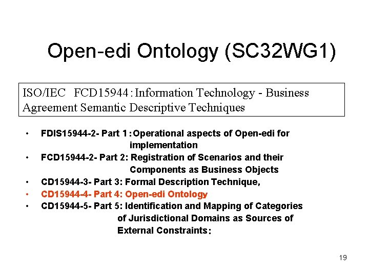 Open-edi Ontology (SC 32 WG 1) ISO/IEC FCD 15944：Information Technology - Business Agreement Semantic