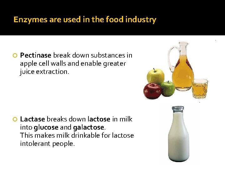 Enzymes are used in the food industry Pectinase break down substances in apple cell