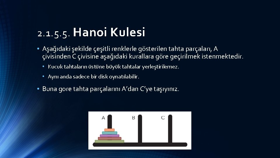 2. 1. 5. 5. Hanoi Kulesi • Aşağıdaki şekilde çeşitli renklerle gösterilen tahta parçaları,