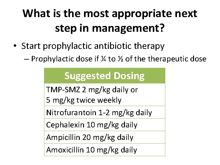 What is the most appropriate next step in management? • Start prophylactic antibiotic therapy