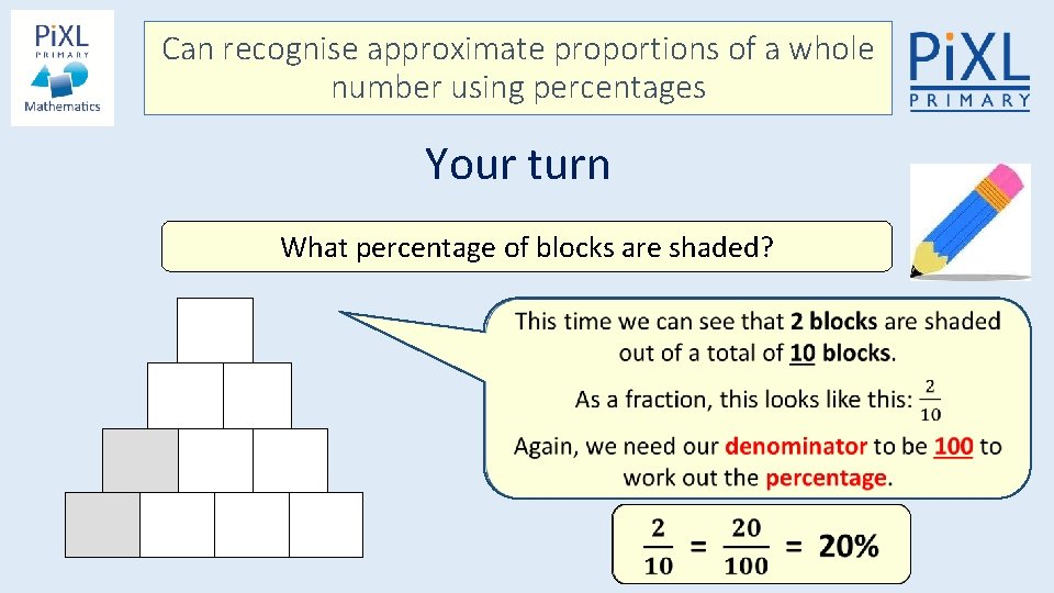 Can recognise approximate proportions of a whole number using percentages Your turn What percentage